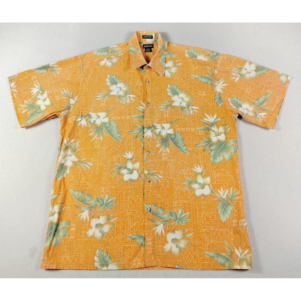 St. John's Bay Shirt Mens Large Orange Hawaiian Floral Cotton Island Style